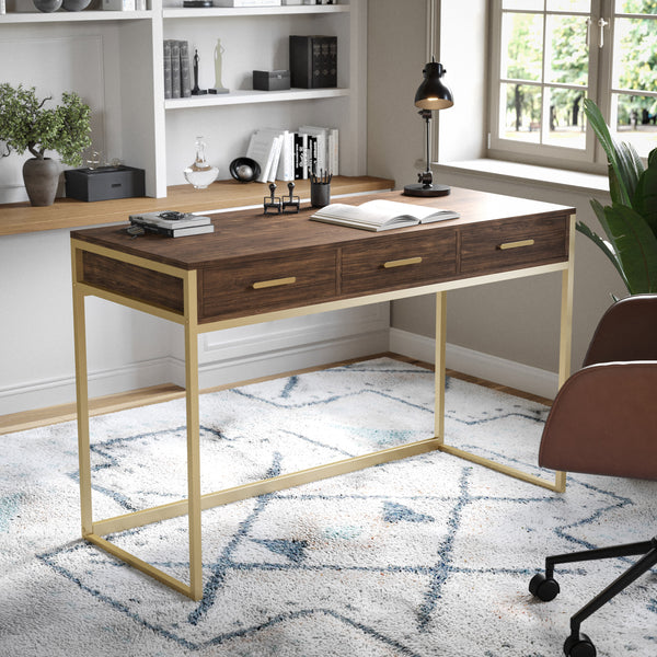 Walnut Top/Polished Brass Frame |#| Walnut 3 Drawer Home Office Desk with Polished Brass Metal Frame and Hardware