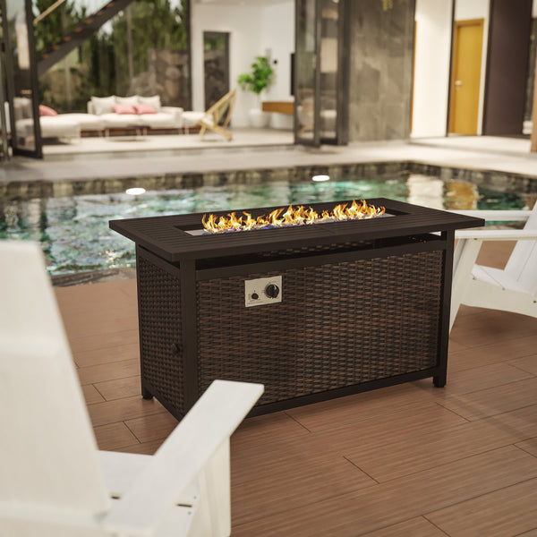 Espresso/Black |#| Outdoor 50,000 BTU Fire Table with Steel Top and Wicker Base-Black/Espresso