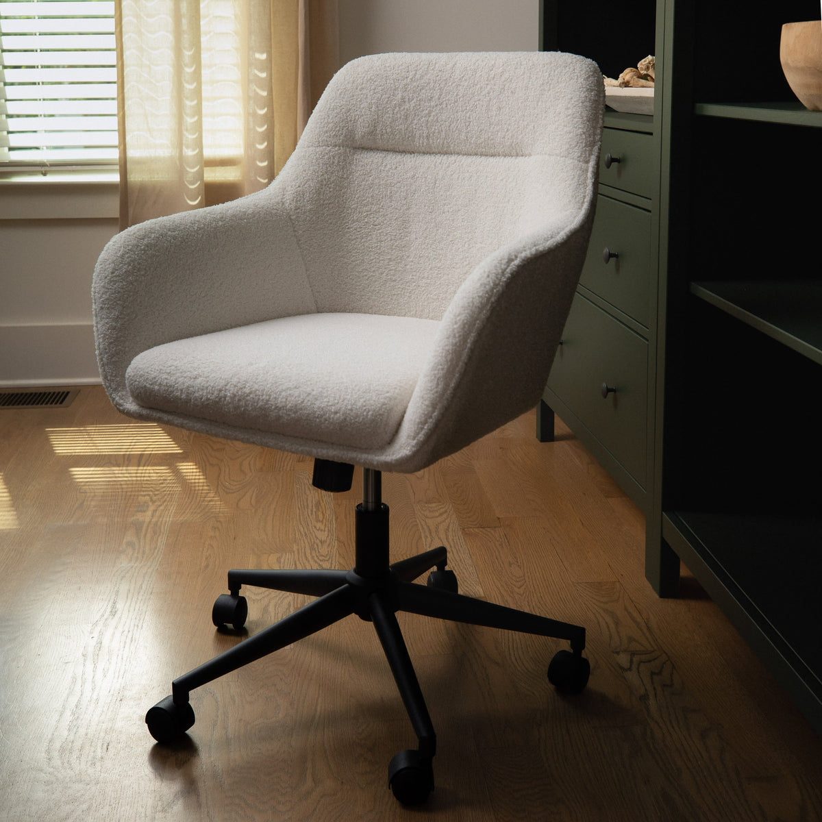 White Boucle/Oil Rubbed Bronze |#| Boucle Swivel Home Office Chair with Flared Arms-Saddle Brown/Oil Bronze