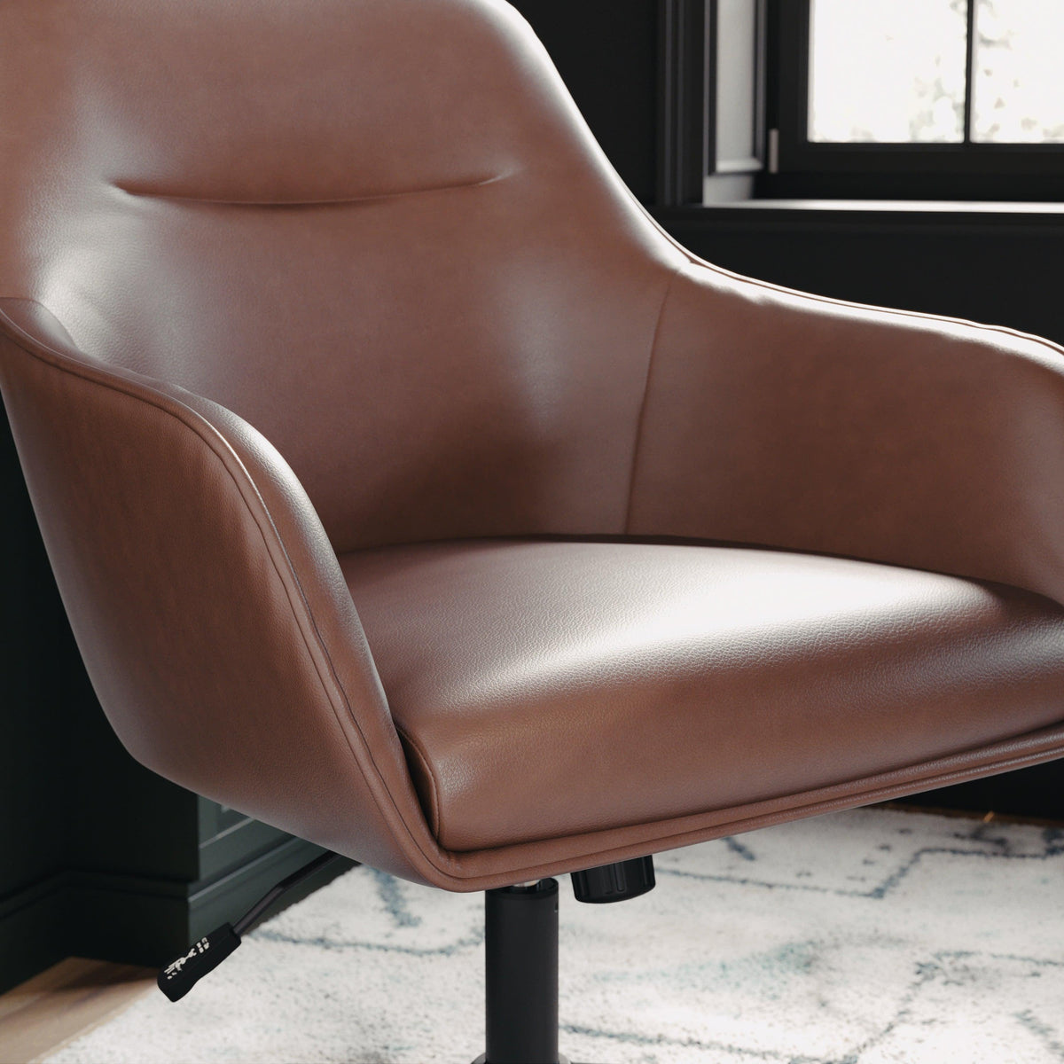 Saddle Brown Faux Leather/Oil Rubbed Bronze |#| Faux Leather Swivel Home Office Chair with Flared Arms-Saddle Brown/Oil Bronze