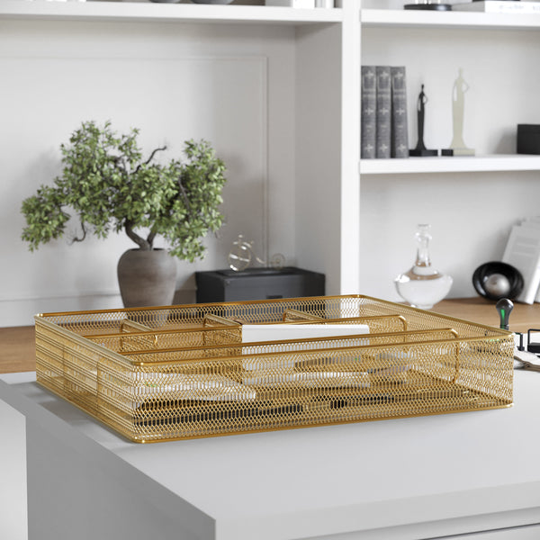 Premium 6 Section Mesh Metal Large Desk Drawer Storage Organizer in Gold