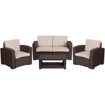 Seneca 4 Piece Outdoor Faux Rattan Chair, Loveseat and Table Set
