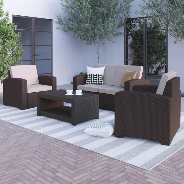 4 Piece Outdoor Faux Rattan Chair, Loveseat and Table Set in Chocolate Brown