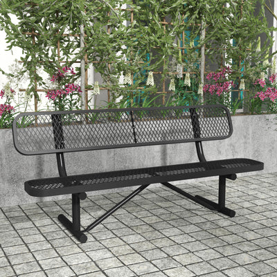 Sigrid Outdoor Bench with Backrest, Commercial Grade Expanded Metal Mesh Seat and Backrest and Steel Frame with Ground Anchors