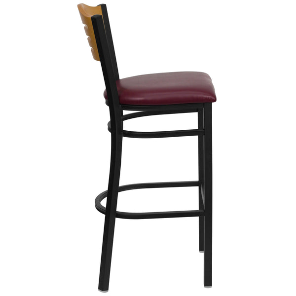 Natural Wood Back/Burgundy Vinyl Seat/Black Metal Frame |#| Black Slat Back Metal Restaurant Barstool - Natural Wood Back, Burg Vinyl Seat