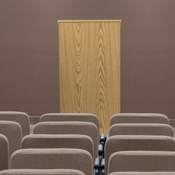 Oak |#| Stand-Up Wood Lectern in Oak with Adjustable Shelving and Slanted Top