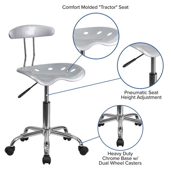 Silver |#| Vibrant Silver and Chrome Swivel Task Office Chair with Tractor Seat