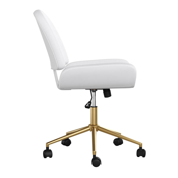 White Faux Leather/Polished Brass |#| Faux Leather Armless Swivel Home Office Chair - White/Polished Brass