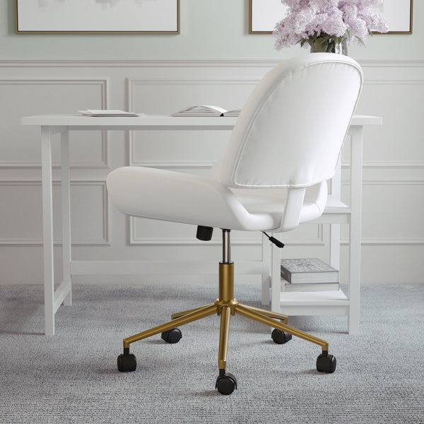 White Faux Leather/Polished Brass |#| Faux Leather Armless Swivel Home Office Chair - White/Polished Brass