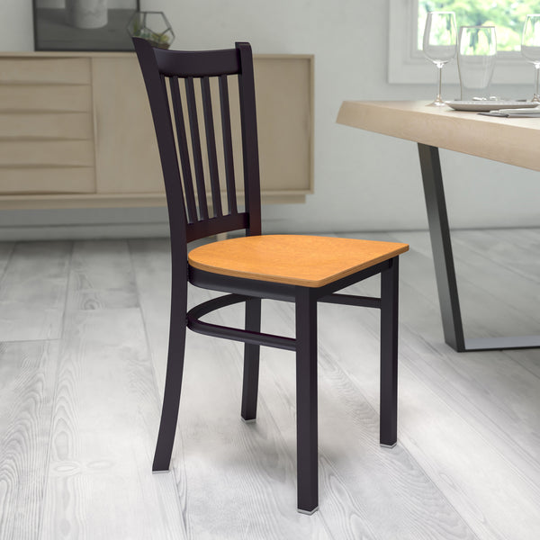 Natural Wood Seat/Black Metal Frame |#| Black Vertical Back Metal Restaurant Chair - Natural Wood Seat