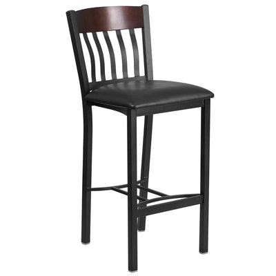 Vertical Back Metal and Wood Restaurant Barstool with Vinyl Seat