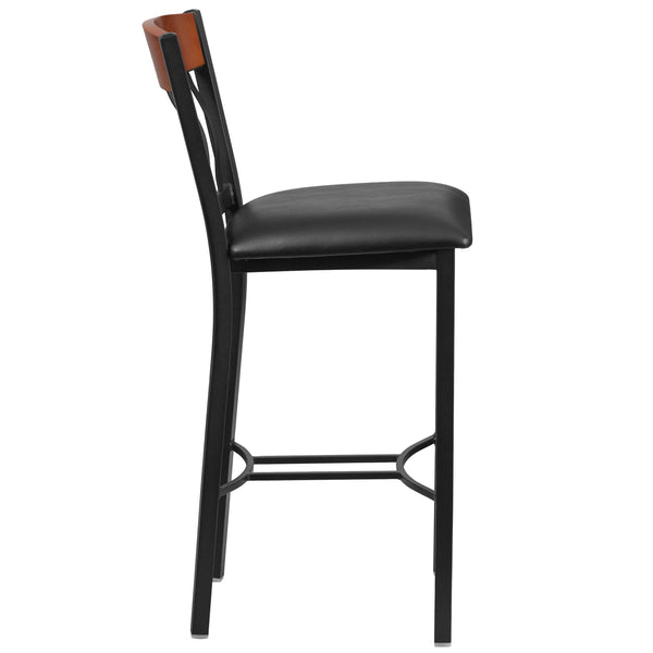 Cherry |#| Vertical Back Black Metal & Cherry Wood Restaurant Barstool w/ Black Vinyl Seat