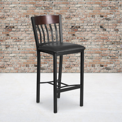 Vertical Back Metal and Wood Restaurant Barstool with Vinyl Seat