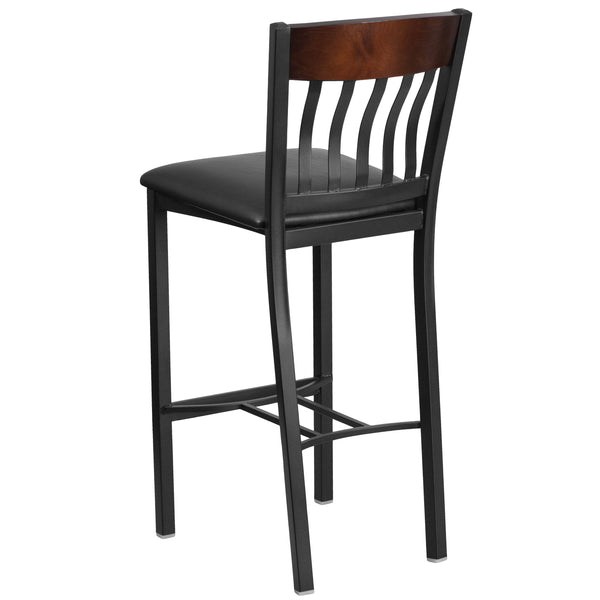 Walnut |#| Vertical Back Black Metal &Walnut Wood Restaurant Barstool w/Black Vinyl Seat