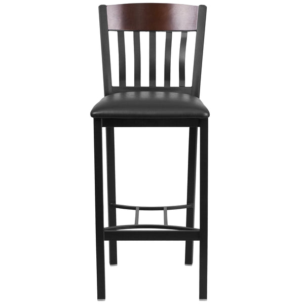 Cherry |#| Vertical Back Black Metal & Cherry Wood Restaurant Barstool w/ Black Vinyl Seat