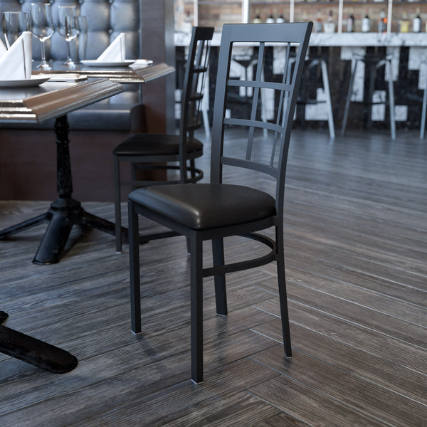 Black Vinyl Seat/Black Metal Frame |#| Black Window Back Metal Restaurant Chair - Black Vinyl Seat