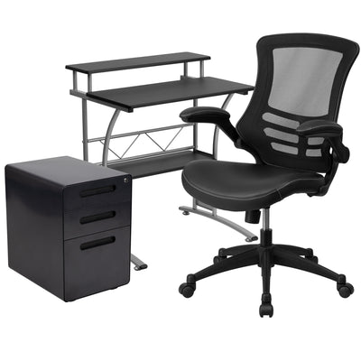 Work From Home Kit - Computer Desk, Ergonomic Mesh/LeatherSoft Office Chair and Locking Mobile Filing Cabinet