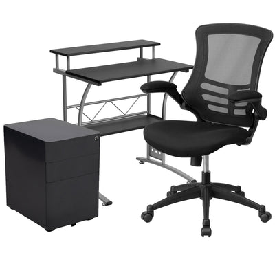 Work From Home Kit - Computer Desk, Ergonomic Mesh Office Chair and Locking Mobile Filing Cabinet with Side Handles