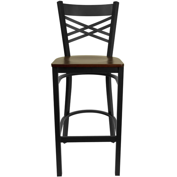 Mahogany Wood Seat/Black Metal Frame |#| Black inchXinch Back Metal Restaurant Barstool - Mahogany Wood Seat