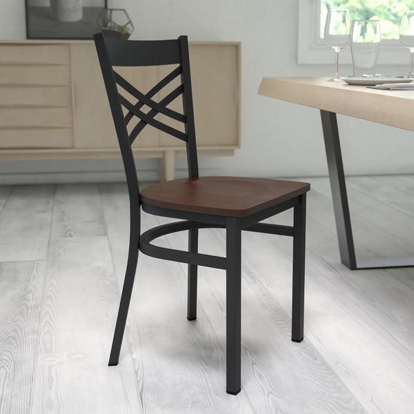 Mahogany Wood Seat/Black Metal Frame |#| Black inchXinch Back Metal Restaurant Chair - Mahogany Wood Seat