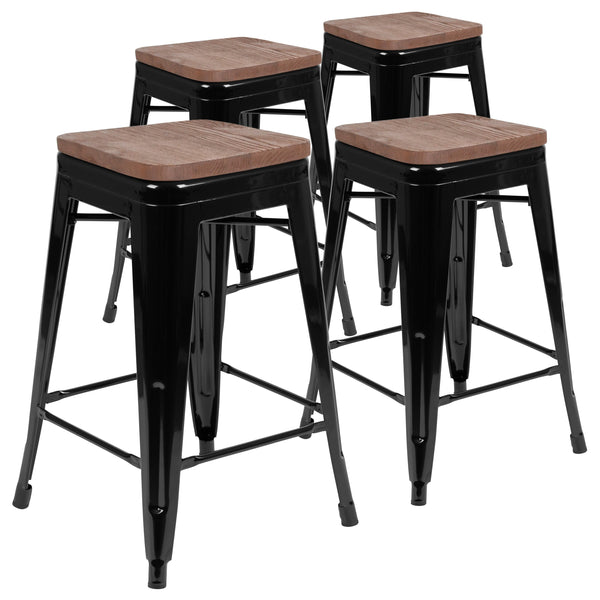 Black |#| 4 Pack 24inch High Metal Indoor Counter Bar Stool - Stackable Stool, Black