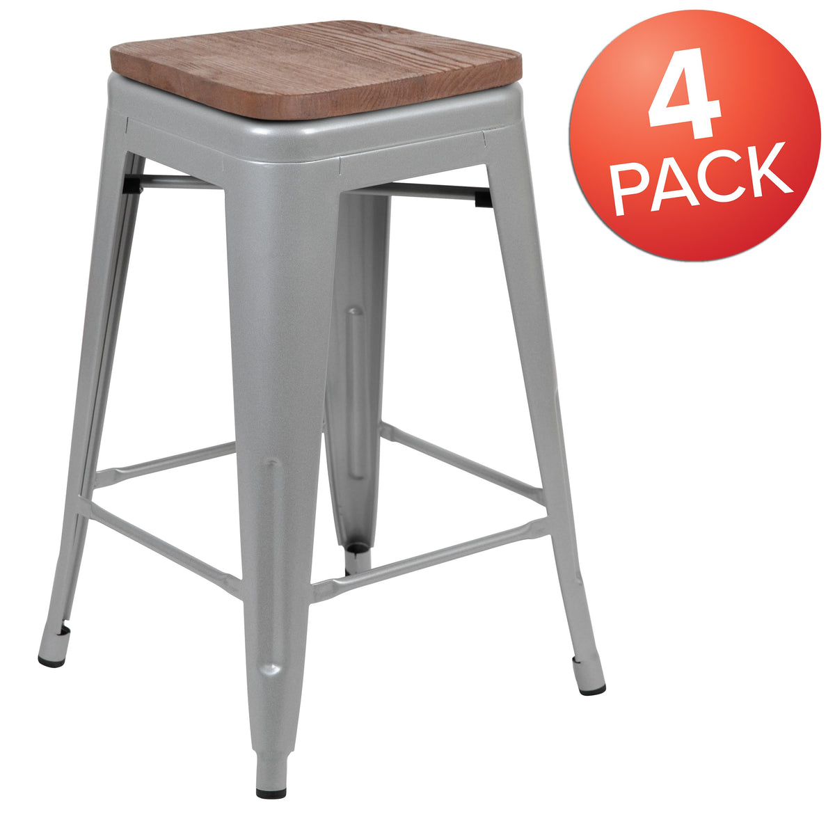 Silver |#| 4 Pack 24inch High Metal Indoor Counter Bar Stool - Stackable Stool, Silver