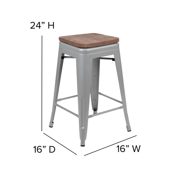 Silver |#| 4 Pack 24inch High Metal Indoor Counter Bar Stool - Stackable Stool, Silver