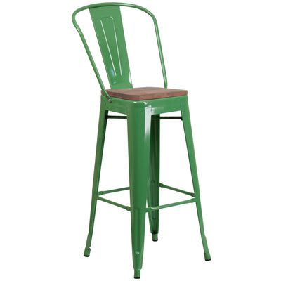 30" High Metal Barstool with Back and Wood Seat - View 1