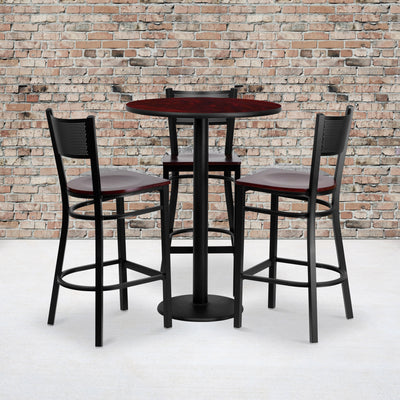 30'' Round Laminate Table Set with 3 Grid Back Metal Barstools