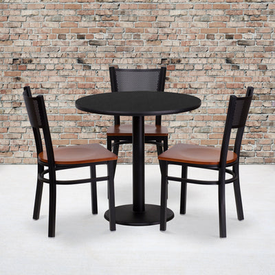 30'' Round Laminate Table Set with 3 Grid Back Metal Chairs - View 2