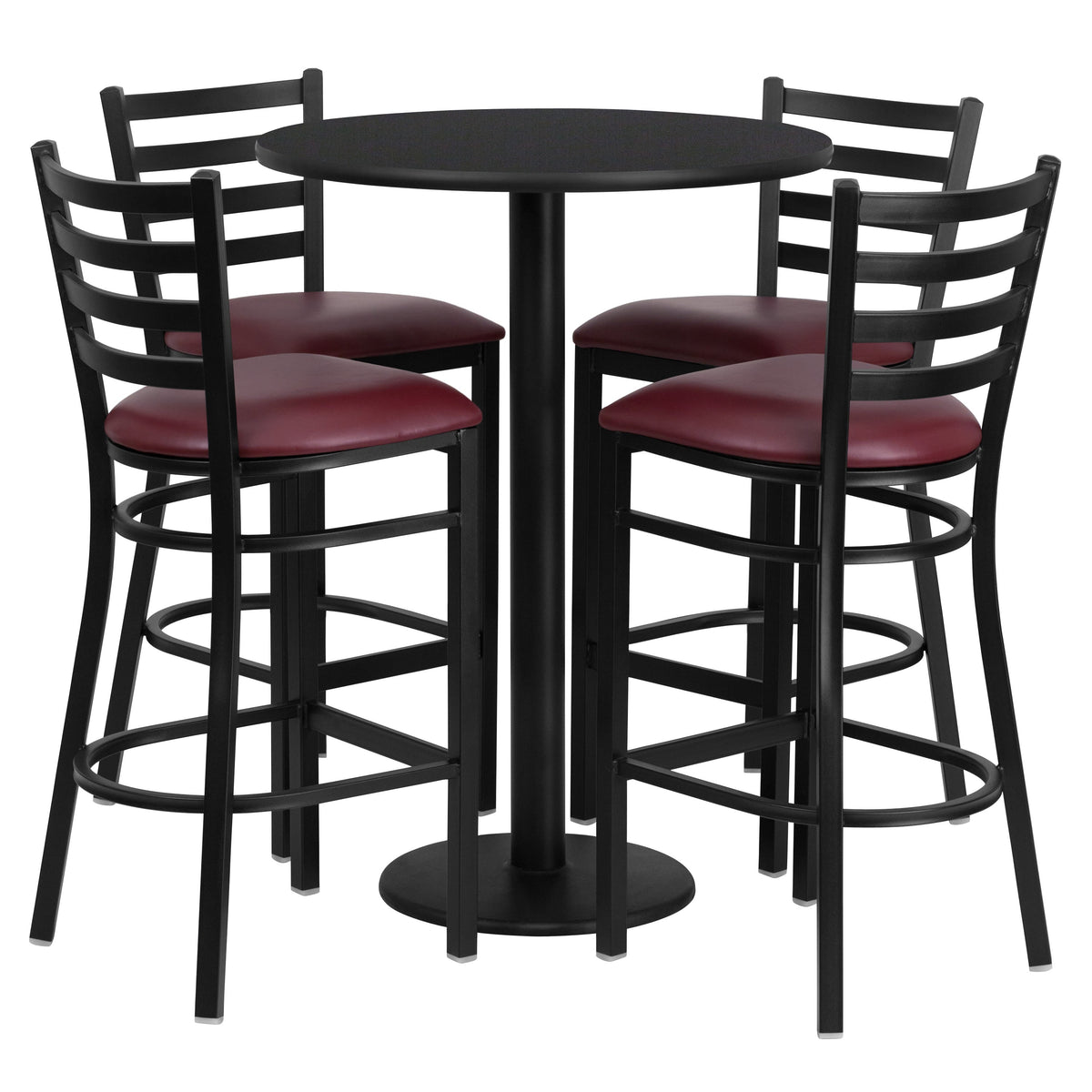 Black Top/Burgundy Vinyl Seat |#| 30inch Round Black Laminate Table w/ Round Base & 4 Ladder Back Metal Barstools