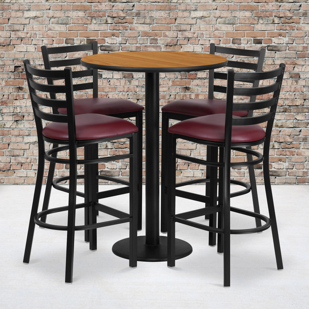 Natural Top/Burgundy Vinyl Seat |#| 30inch Round Natural Laminate Table w/ Round Base & 4 Ladder Back Metal Barstools