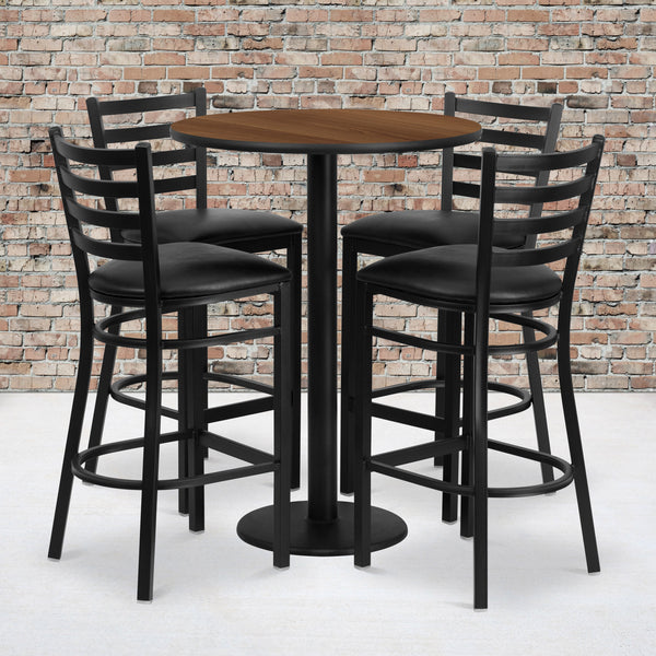 Walnut Top/Black Vinyl Seat |#| 30inch Round Walnut Laminate Table w/ Round Base & 4 Ladder Back Metal Barstools