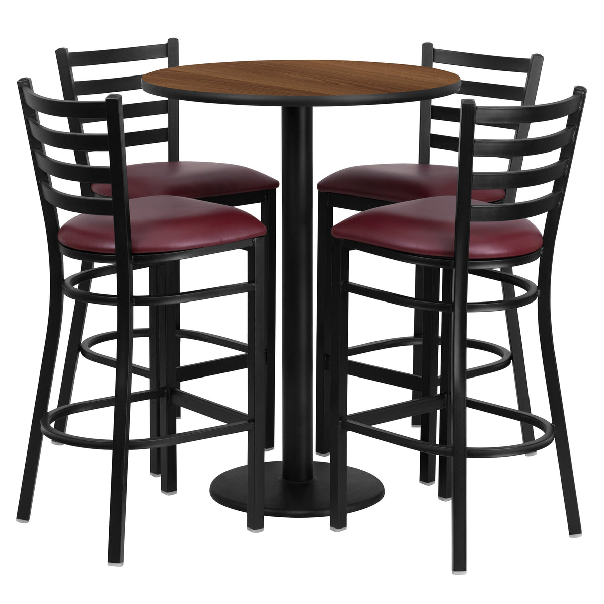 Walnut Top/Burgundy Vinyl Seat |#| 30inch Round Walnut Laminate Table with Round Base & 4 Ladder Back Metal Barstools