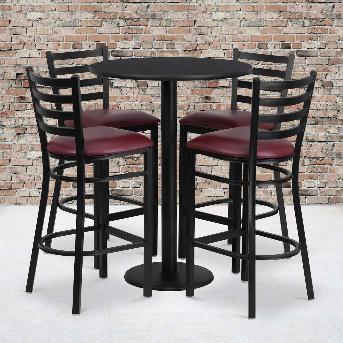 Black Top/Burgundy Vinyl Seat |#| 30inch Round Black Laminate Table w/ Round Base & 4 Ladder Back Metal Barstools