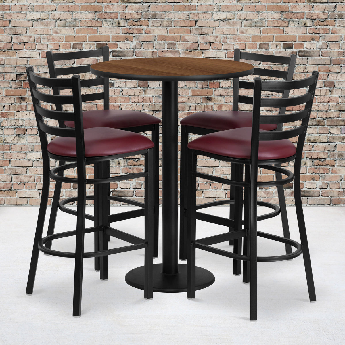 Walnut Top/Burgundy Vinyl Seat |#| 30inch Round Walnut Laminate Table with Round Base & 4 Ladder Back Metal Barstools