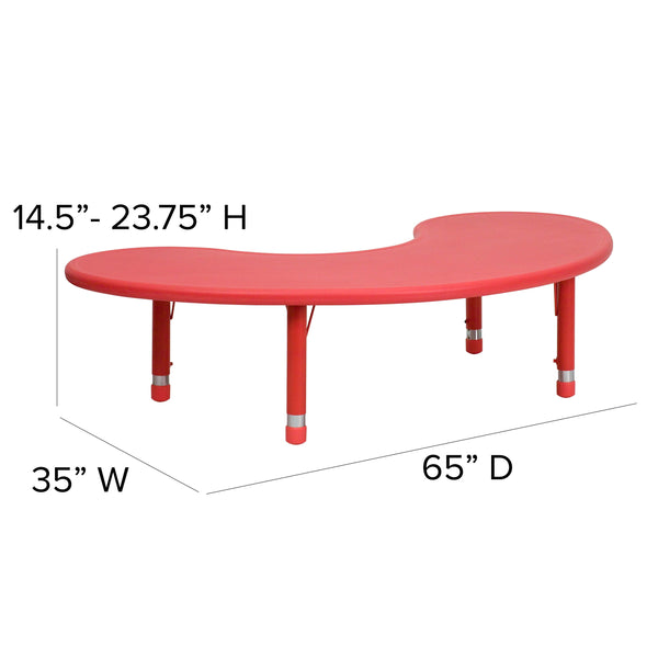 Red |#| 35inchW x 65inchL Half-Moon Red Plastic Height Adjustable Activity Table