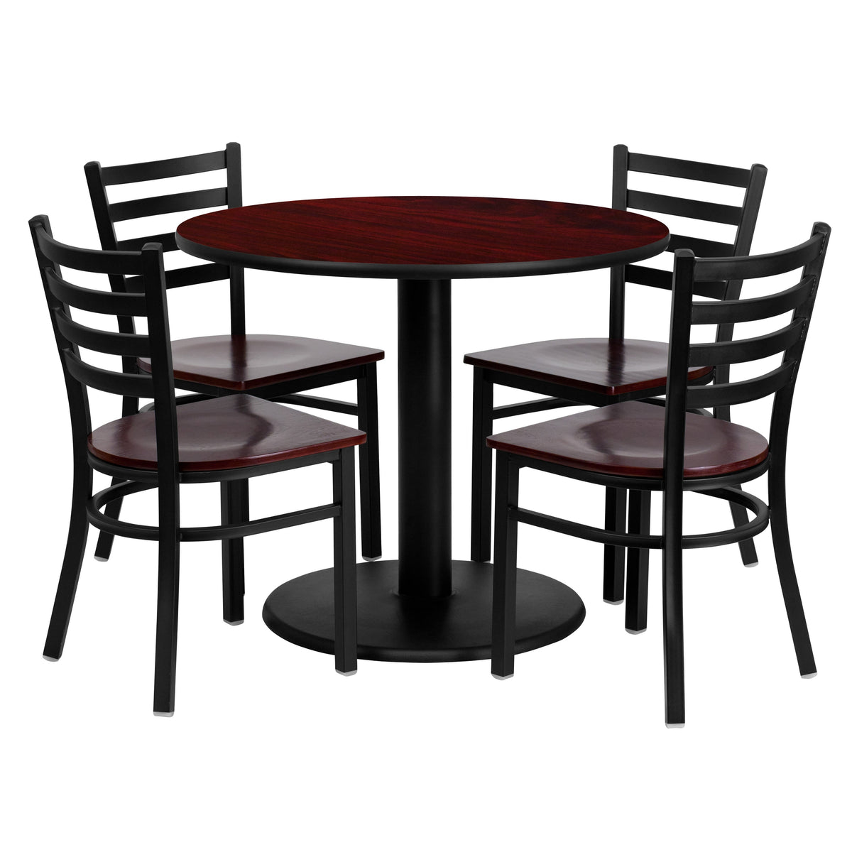 36inch Round Mahogany Laminate Table Set with 4 Metal Chairs - Mahogany Wood Seat