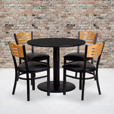 36'' Round Laminate Table Set with 4 Wood Slat Back Metal Chairs