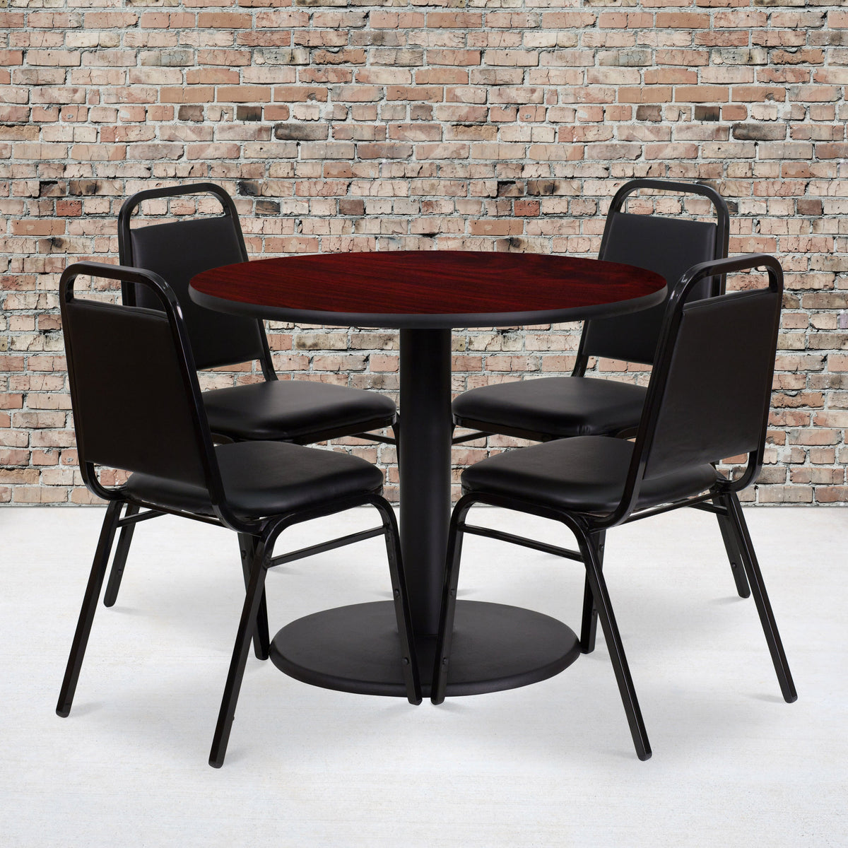 Mahogany Top/Black Vinyl Seat |#| 36inch Round Mahogany Laminate Table with Round Base and 4 Black Banquet Chairs