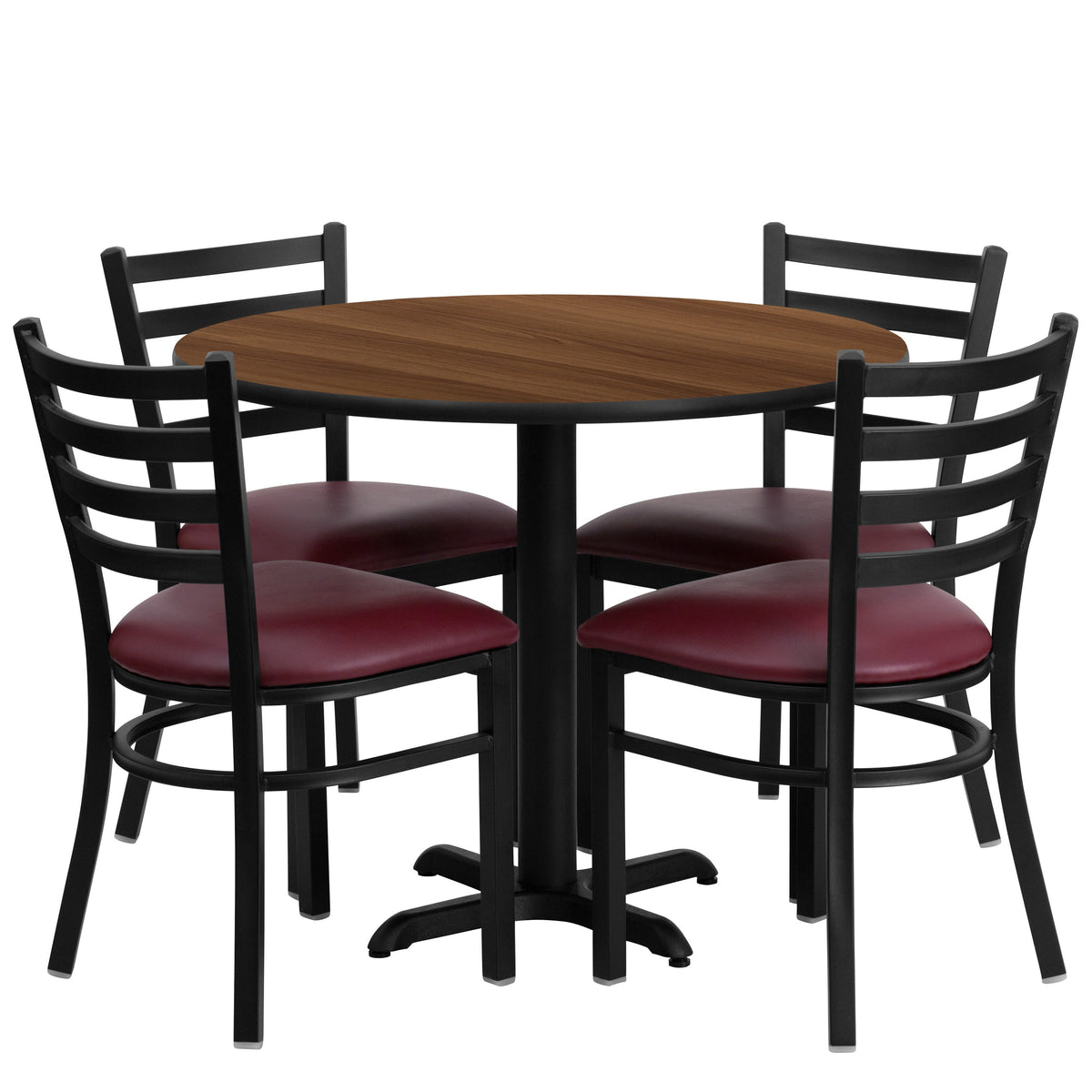 Walnut Top/Burgundy Vinyl Seat |#| 36inch Round Walnut Laminate Table w/ X-Base & 4 Metal Chairs - Burg Vinyl Seat