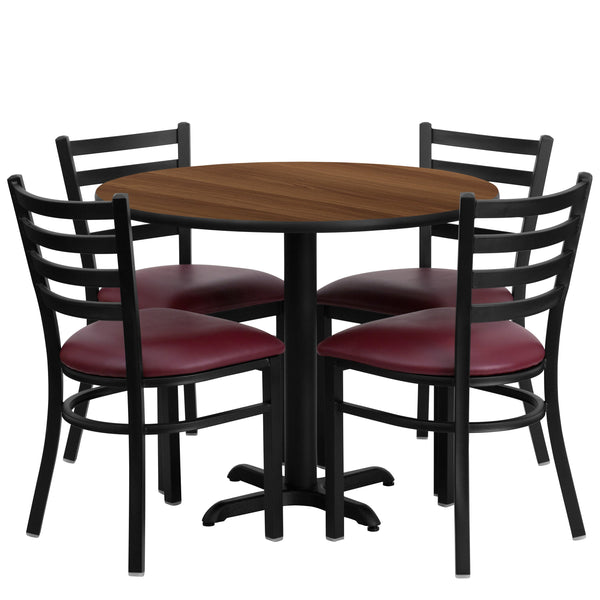 Walnut Top/Burgundy Vinyl Seat |#| 36inch Round Walnut Laminate Table w/ X-Base & 4 Metal Chairs - Burg Vinyl Seat