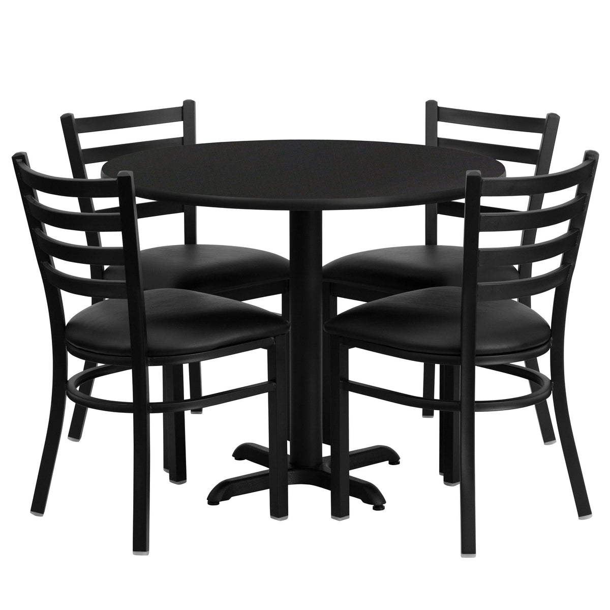 Black Top/Black Vinyl Seat |#| 36inch Round Black Laminate Table Set with X-Base and 4 Metal Vinyl Seat Chairs