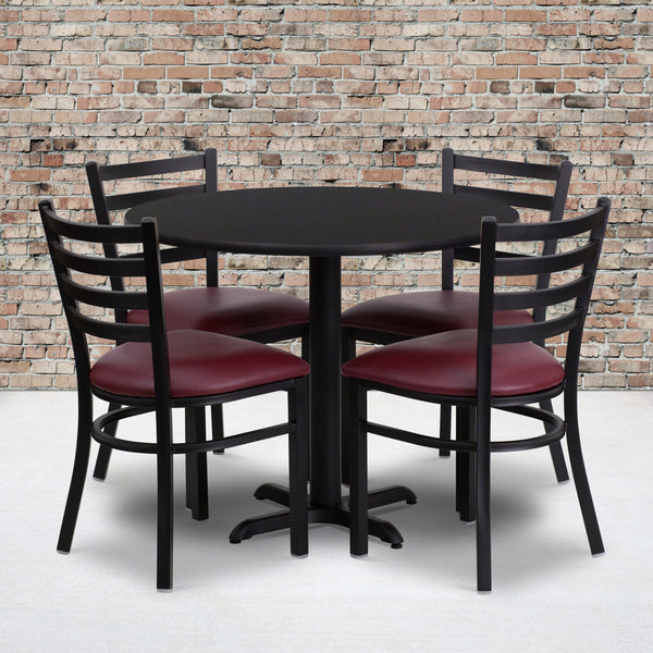 Black Top/Burgundy Vinyl Seat |#| 36inch Round Black Laminate Table w/ X-Base and 4 Metal Chairs - Burg Vinyl Seat