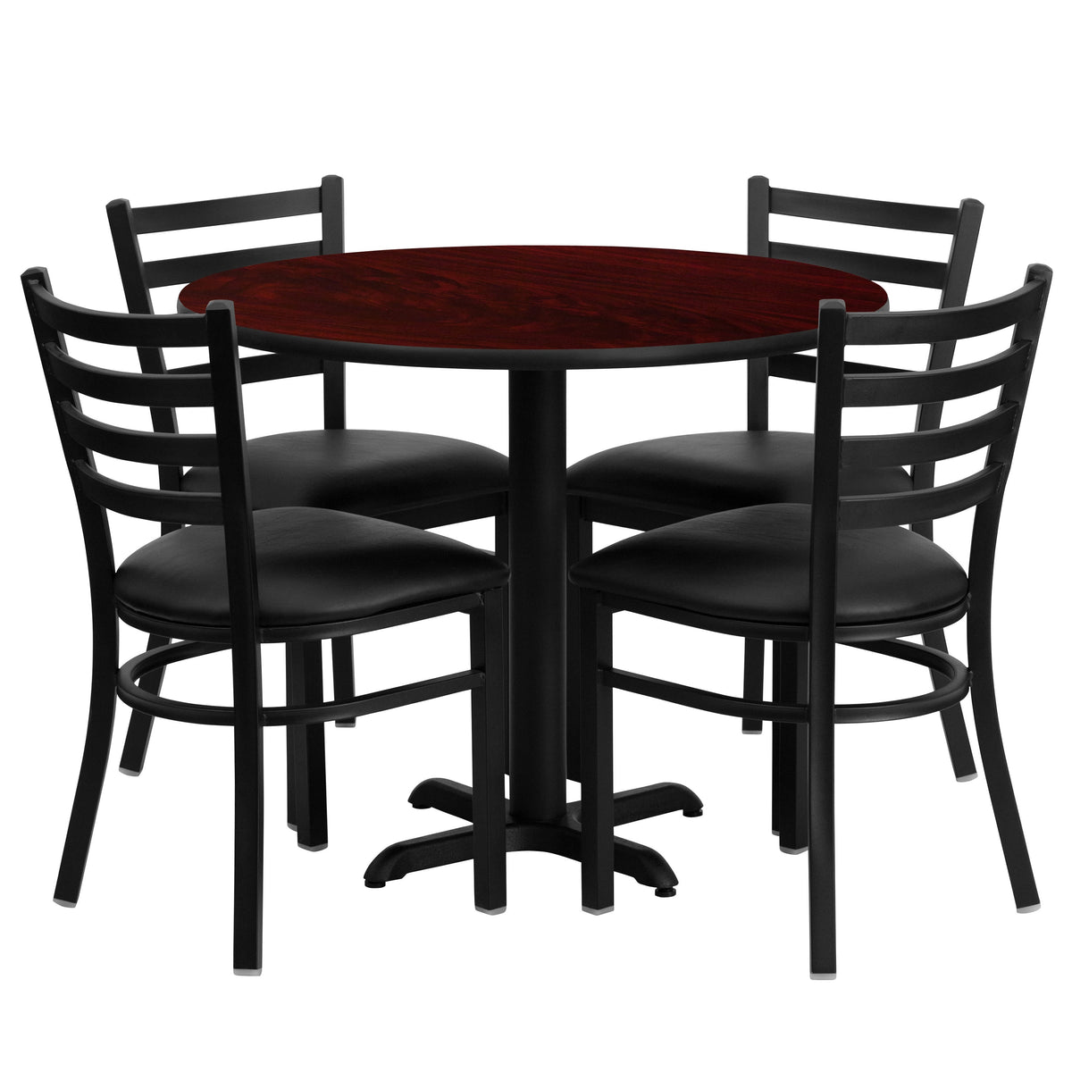 Mahogany Top/Black Vinyl Seat |#| 36inch Round Mahogany Laminate Table Set with X-Base and 4 Metal Vinyl Seat Chairs