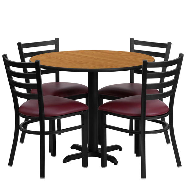 Natural Top/Burgundy Vinyl Seat |#| 36inch Round Natural Laminate Table w/ X-Base & 4 Metal Chairs - Burg Vinyl Seat