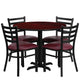 Mahogany Top/Burgundy Vinyl Seat |#| 36inch Round Mahogany Laminate Table w/ X-Base & 4 Metal Chairs - Burg Vinyl Seat