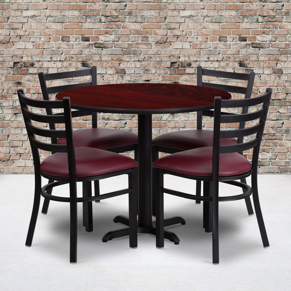 Mahogany Top/Burgundy Vinyl Seat |#| 36inch Round Mahogany Laminate Table w/ X-Base & 4 Metal Chairs - Burg Vinyl Seat