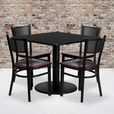 36'' Square Laminate Table Set with 4 Grid Back Metal Chairs - View 2