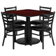 Mahogany Top/Black Vinyl Seat |#| 36inch SQ Mahogany Laminate Table w/ Round Base & 4 Metal Chairs-Black Vinyl Seat